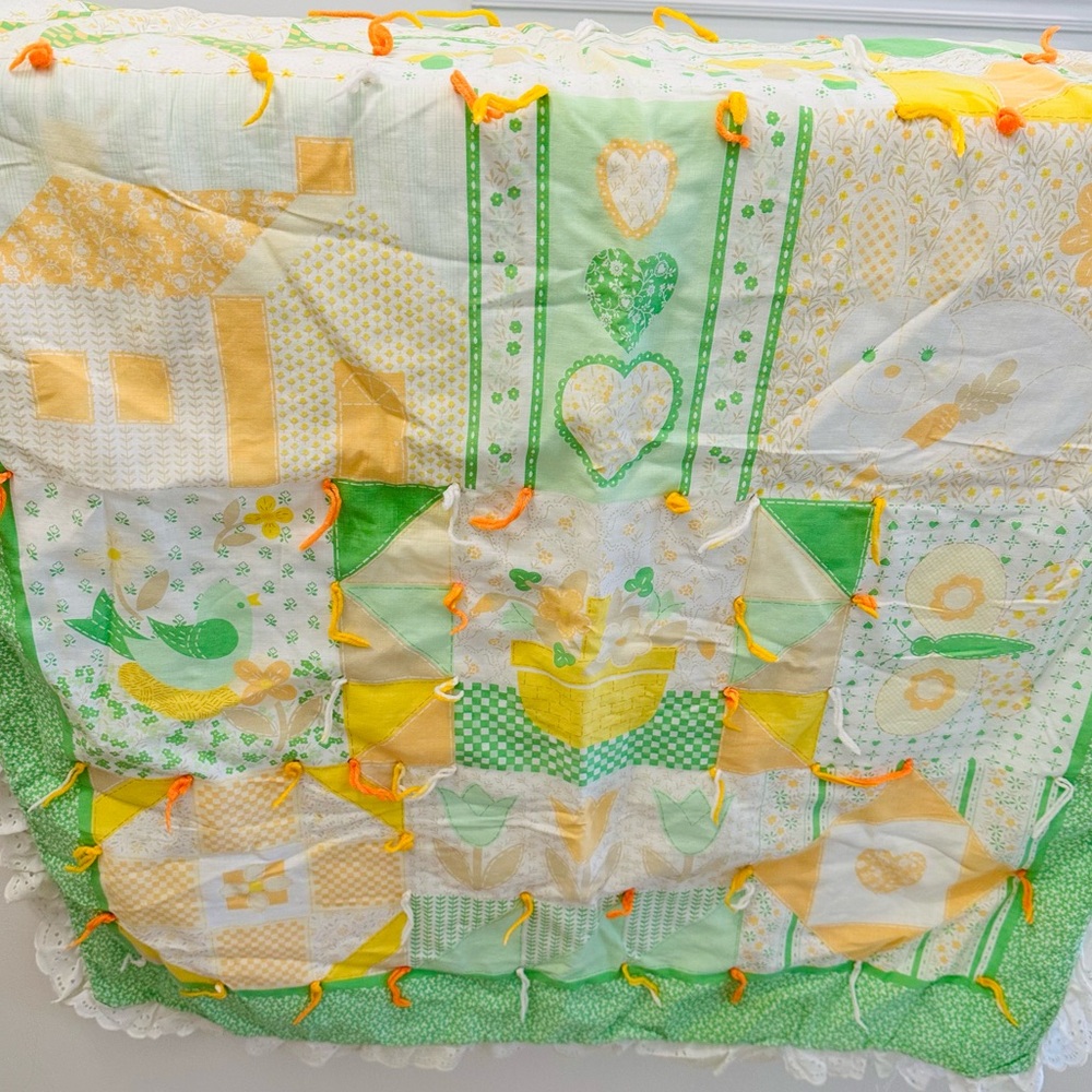 Vintage 1970's mushroom floral butterfly baby pastel blanket
